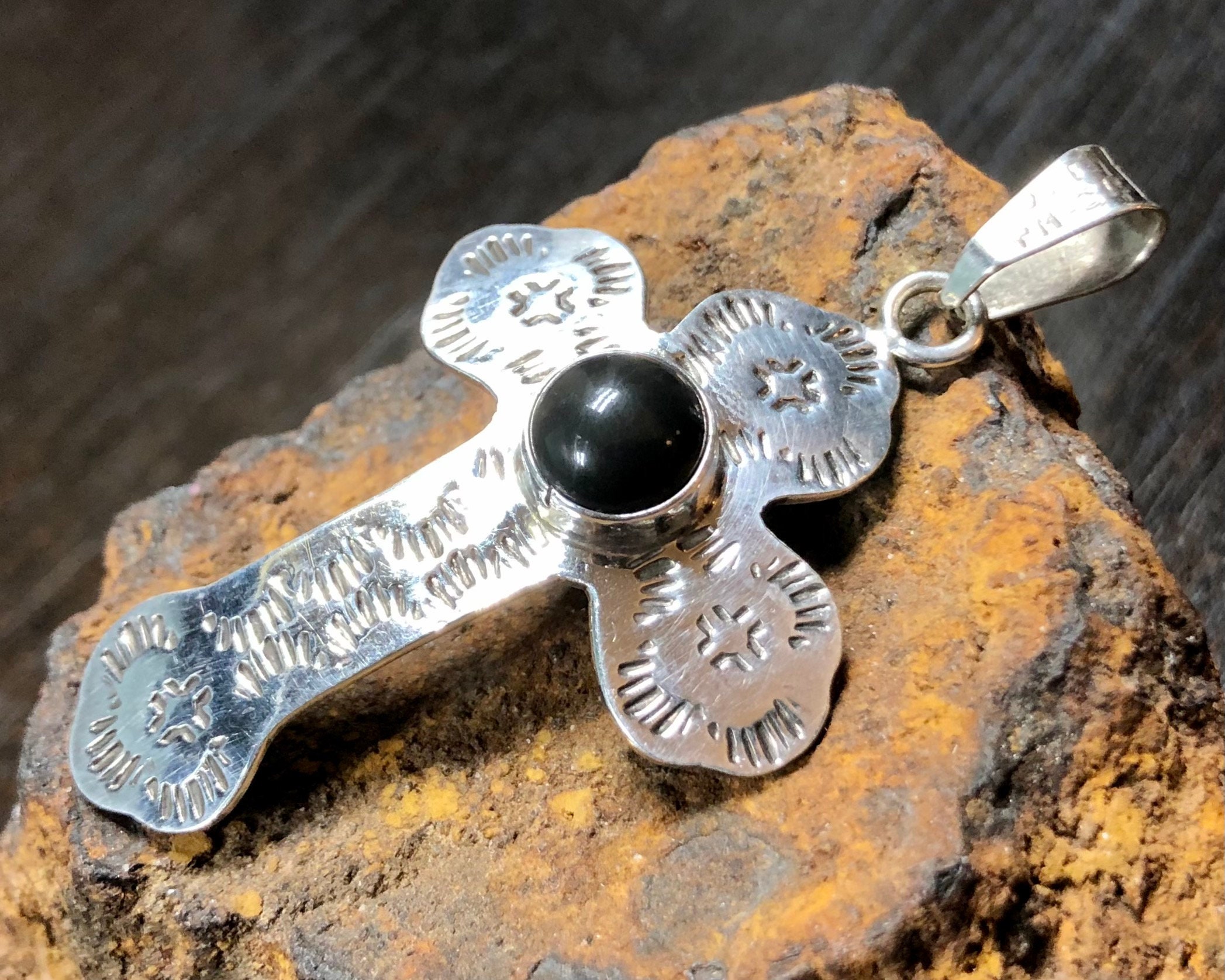 Antique Taxco Mexico Sterling Silver and Black Onyx Cross Antique Taxco Mexico Sterling Silver and Black Onyx Cross