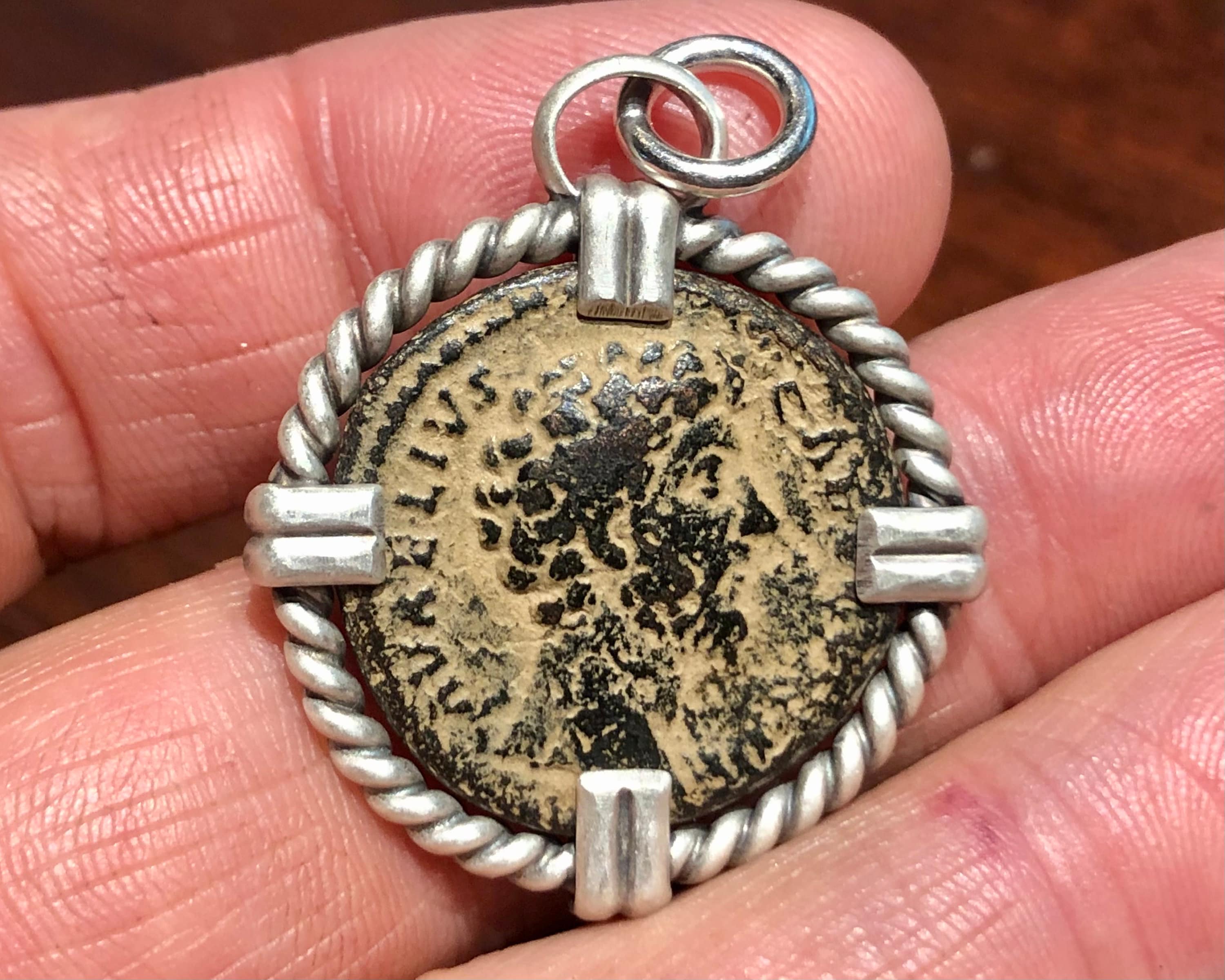 161-180 AD Marcus Aurelius Roman Bronze Coin Set in Sterling