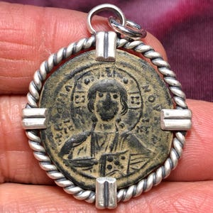 1028-1041 AD Ancient Byzantine Christian bronze coin w. &quot;Jesus Christ King of Kings&quot; inscription & Christ in Sterling Silver pendant setting
