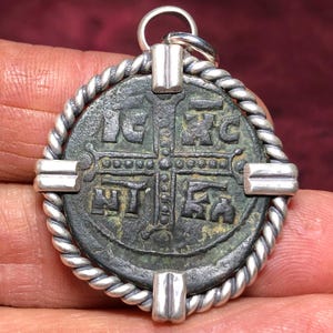 1034-1041 AD &quot;Jesus Christ Victorious&quot; ANCIENT Medieval BYZANTINE Bronze Coin, Cross & Christ Holding Gospels in sterling pendant setting