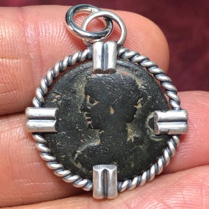 177-192 AD Goddess Artemis ancient Greek bronze coin set in sterling silver pendant. Goddess of the hunt, the wilderness, nature, & the moon