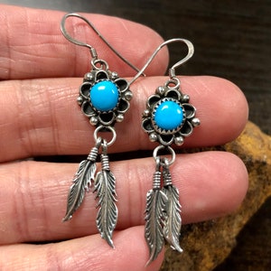 Sleeping Beauty Turquoise Earrings with Sterling Silver Feathers