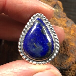 Royal Blue Lapis Lazuli with Pyrite in Size 7 1/4 Ring, Sterling Silver, handcrafted by R. Beauford silversmith