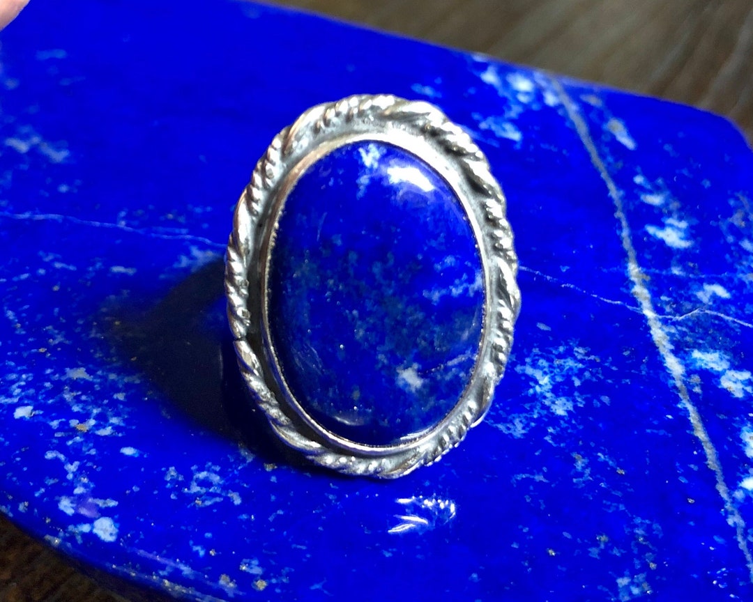 Blue Lapis Lazuli Ring - Silversmith Ring - Lapis Silver  Lapis Lazuli Large Eclectic Silver Artisan Ring, Size 8 (Royal Blue) display picture 1
