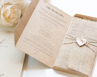 Burlap Wedding Invitation, Rustic wedding invitation, Vintage wedding invitation, Shabby chic invitation, Handmade wedding