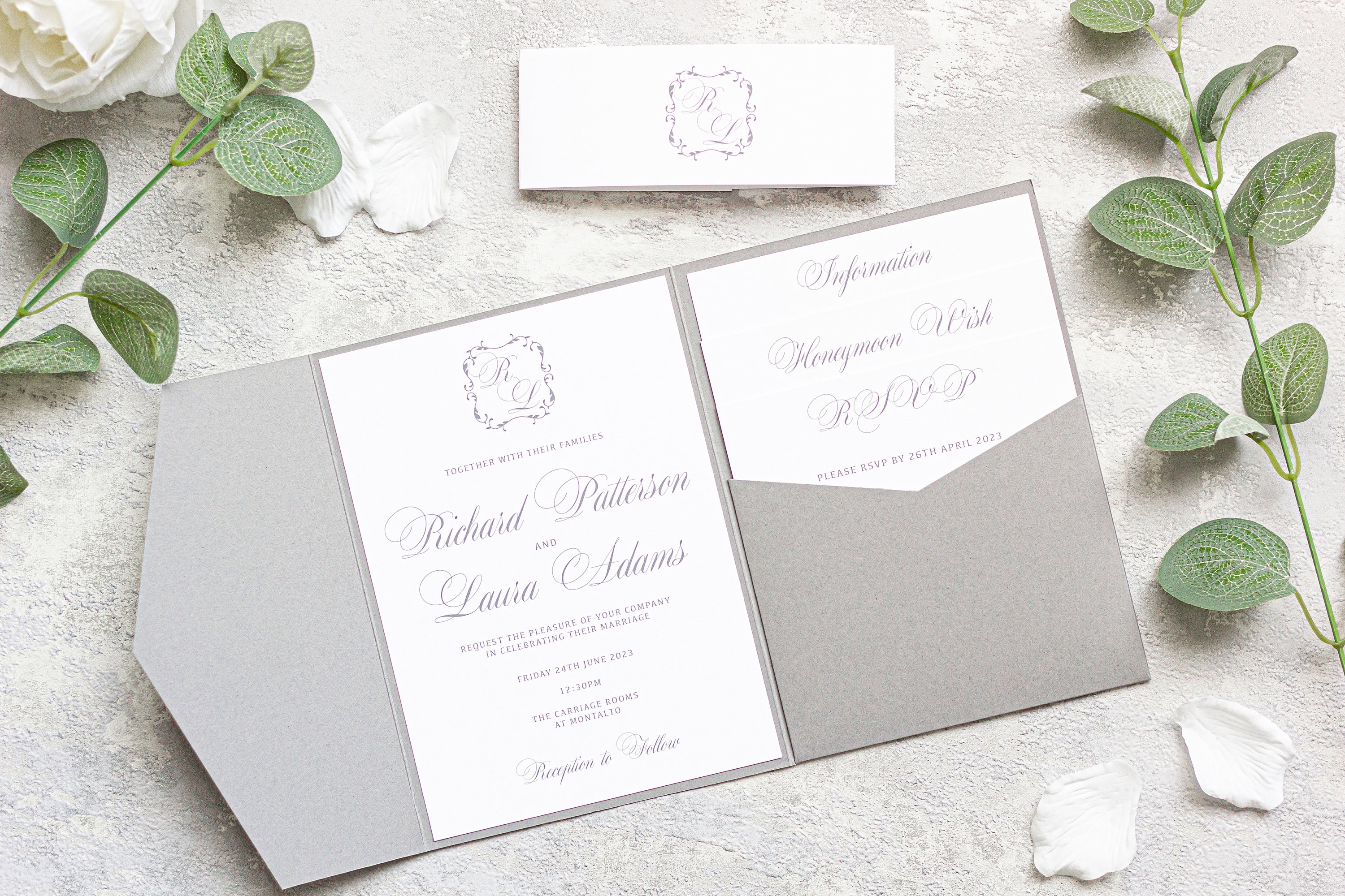 Pale Grey Matte Pocket fold Evening Invitations & envelopes Pocket invites. 