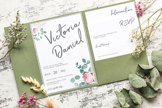 Green & Blush Floral Pocketfold wedding Invitation
