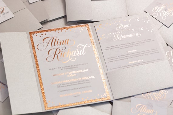 Pocketfold Marble & Rose Gold Foil Wedding Invitation