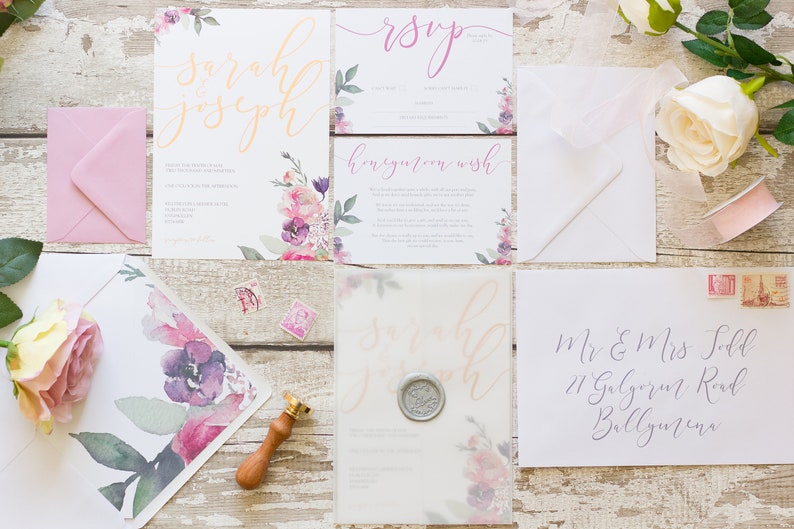 Foil Wedding invitation, Floral Wedding Invitation, Modern Wedding Invitation. Calligraphy image 1