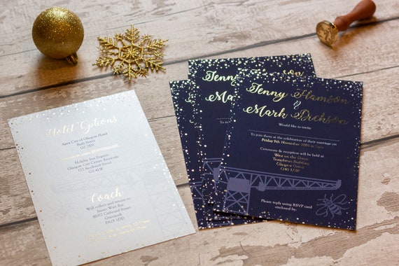 Navy and White Pearlescent with Gold Foil Sprinkles Invitation