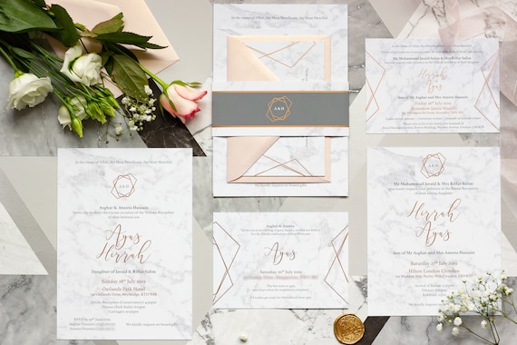 Walima & Baraat Invitation - Marble and Rose Gold Foil Invitation