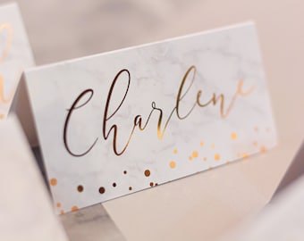 Marble & Rose Gold Foil Place names, Place Name Cards, Wedding