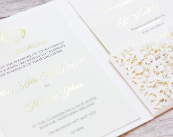Gold Foil Lasercut Pocketfold wedding Invitation, Modern Wedding Invitations