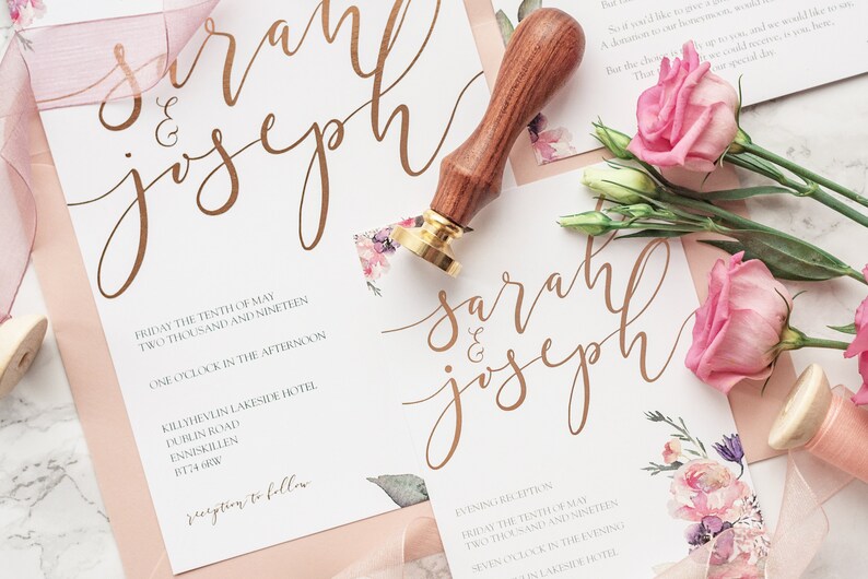 Foil Wedding invitation, Floral Wedding Invitation, Modern Wedding Invitation. Calligraphy image 2