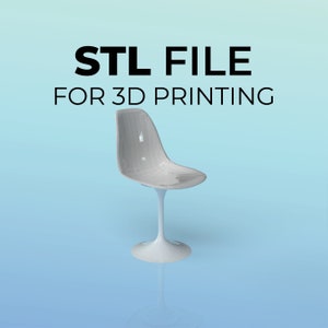 Könnte beinhalten: Ein digital gerenderter weißer Stuhl mit tulpenförmigem Fuß, entworfen für den 3D-Druck. Der Stuhl hat eine glatte, geschwungene Sitzfläche und eine einzelne stielartige Stütze. Der Text "STL FILE FOR 3D PRINTING" wird in fetten, schwarzen Buchstaben angezeigt.