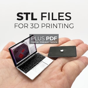 Pode incluir: Um computador portátil prateado com um teclado preto e uma tela preta que exibe um design vermelho e branco. O laptop está aberto e sentado em uma mão. Ao lado do laptop, há uma tampa de laptop preta com um logotipo da Apple prateado. O texto "STL FILES FOR 3D PRINTING PLUS PDF Desktop Wallpaper Options" está acima do laptop.