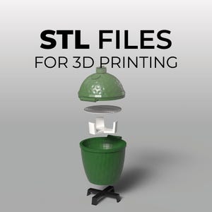May include: An exploded view of a green ceramic grill with the text "STL FILES FOR 3D PRINTING". The grill components include a domed lid, a cooking grate, a white ceramic firebox, and a base.