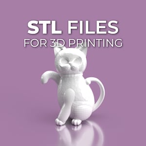 May include: White 3D-printed cat figurine with a collar, sitting on a purple background. The text "STL FILES FOR 3D PRINTING" is displayed in white at the top of the image. The cat has a stylized, geometric design.