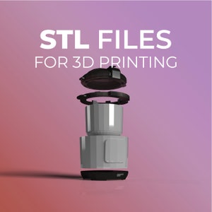 以下が含まれることがあります： 3Dプリント用のSTLファイル。黒いベース、灰色の円筒形のボディ、黒い蓋を持つ、分解された3Dプリントオブジェクトです。