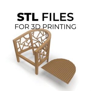 May include: STL files for 3D printing of a chair and a seat cushion. The chair is made of a geometric pattern of wood and the cushion is a woven pattern.