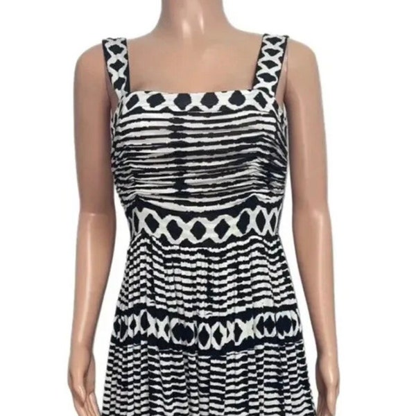 Tracy Reese Black White Print Anthropologie Lined Full Ruched Vtg-y Midi Dress S
