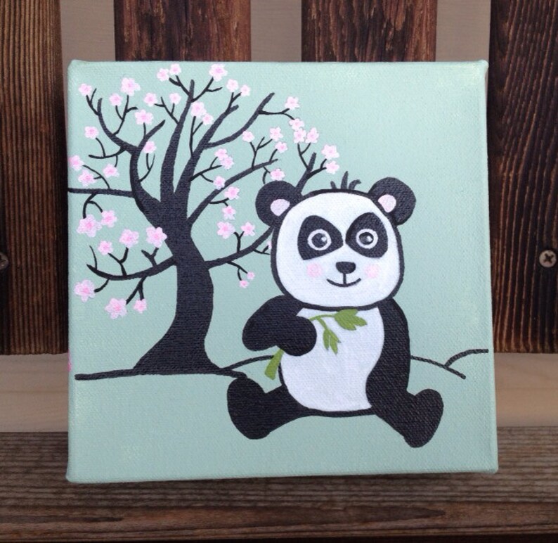 Panda and cherry blossom nursery painting 6 x 6 | Etsy