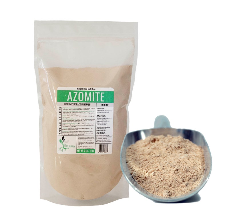 May include: A 2 lb bag of Azomite, a natural soil nutrient, with micronized trace minerals. The bag is white with green text and a picture of a plant. The product is shown in a scoop.