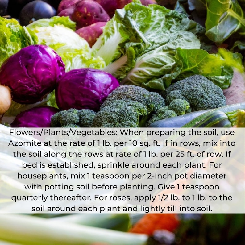 May include: A close-up image of various vegetables and flowers, including red cabbage, broccoli, and green leafy vegetables. The image includes text that reads: "Flowers/Plants/Vegetables: When preparing the soil, use Azomite at the rate of 1 lb. per 10 sq. ft. If in rows, mix into the soil along the rows at rate of 1 lb. per 25 ft. of row. If bed is established, sprinkle around each plant. For houseplants, mix 1 teaspoon per 2-inch pot diameter with potting soil before planting. Give 1 teaspoon quarterly thereafter. For roses, apply 1/2 lb. to 1 lb. to the soil around each plant and lightly till into soil."