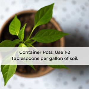 May include: A small green plant growing in a brown pot. The text "Container Pots: Use 1-2 Tablespoons per gallon of soil." is displayed below the plant.