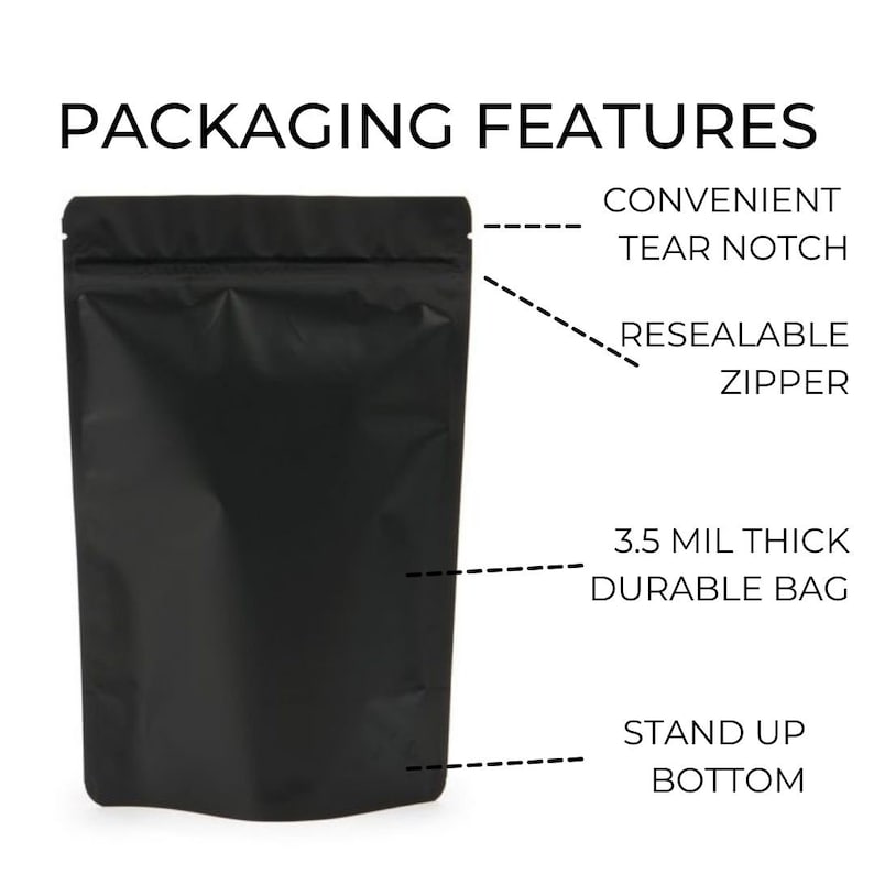 May include: Black stand-up pouch with a zipper closure, tear notch, and a 3.5 mil thick durable bag. The pouch has a stand-up bottom.