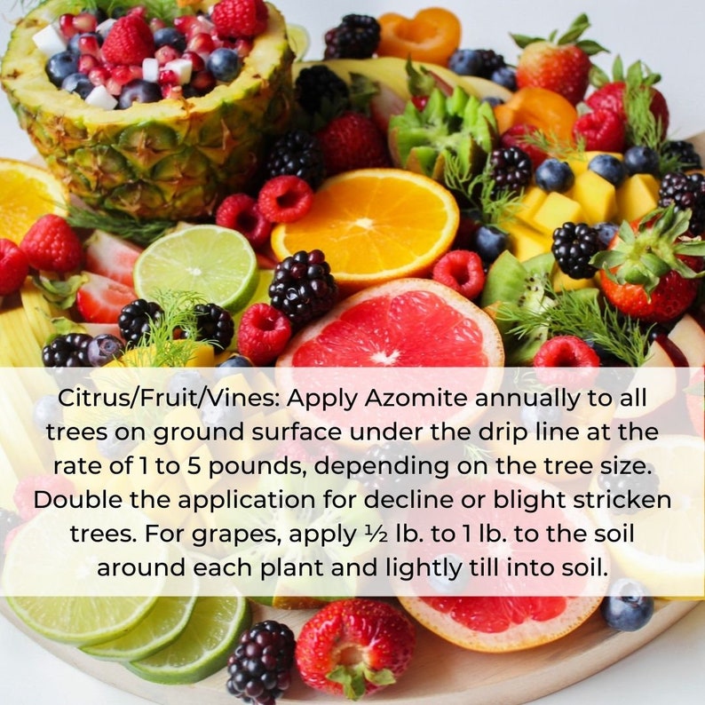 May include: A close-up of a variety of fresh fruits and vegetables, including citrus, berries, grapes, and kiwi. The text reads: "Citrus/Fruit/Vines: Apply Azomite annually to all trees on ground surface under the drip line at the rate of 1 to 5 pounds, depending on the tree size. Double the application for decline or blight stricken trees. For grapes, apply 1/2 lb. to 1 lb. to the soil around each plant and lightly till into soil."