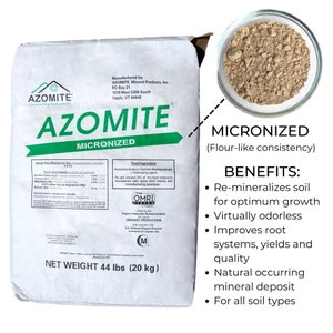 May include: A 44-pound bag of Azomite micronized mineral powder. The bag is white with green text and a picture of a small bowl of the powder. The text on the bag reads "Azomite Micronized" and "Net Weight 44 lbs (20 kg)". The text on the bag also lists the benefits of using Azomite, including re-mineralizing soil, being virtually odorless, improving root systems, and being a natural occurring mineral deposit.