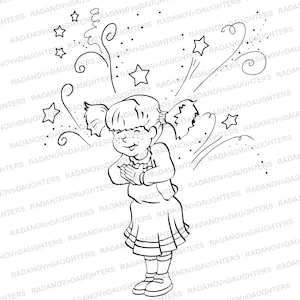 Digital Stamp, Girl, Birthday, Surprise, Printable Line Art, Cardmaking, Papercraft, Instant Download