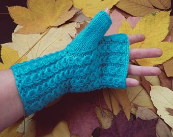 Cute Fingerless Mittens, Blue, Knit Wrist Warmers, Fingerless gloves, Wool Womens Accessory