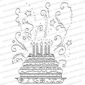 Digital Stamp with Birthday Cake, Candles, Roses, Printable Illustration, Instant Download