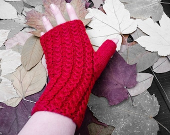 Cute Knit Fingerless Gloves, Red Women Fingerless Mitts, Wool Mittens