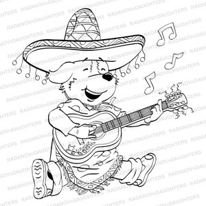 Cute Dog Digital Stamp, Line Art Guitar Player, Mexican Serenade