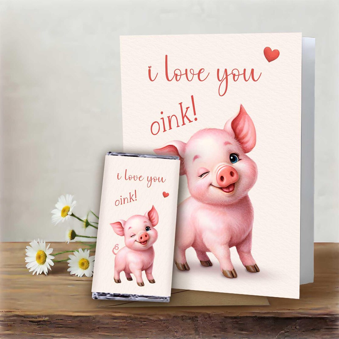Pig Valentine Card & Chocolate Wrapper Set | Printable Gift (digital ...