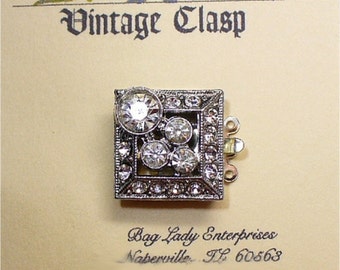 Rhinestone Box Clasp 3 Strand 17mm Square Unusual Vintage  CL1260