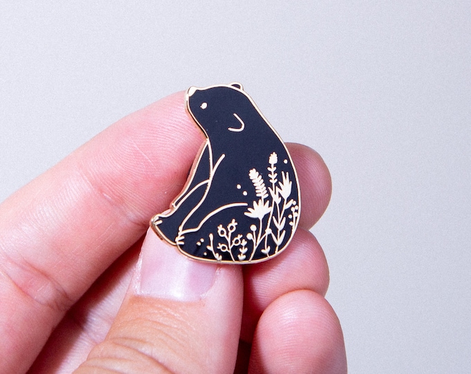 Black Bear Enamel Pin with Gold Metal Plating - Animal Pin