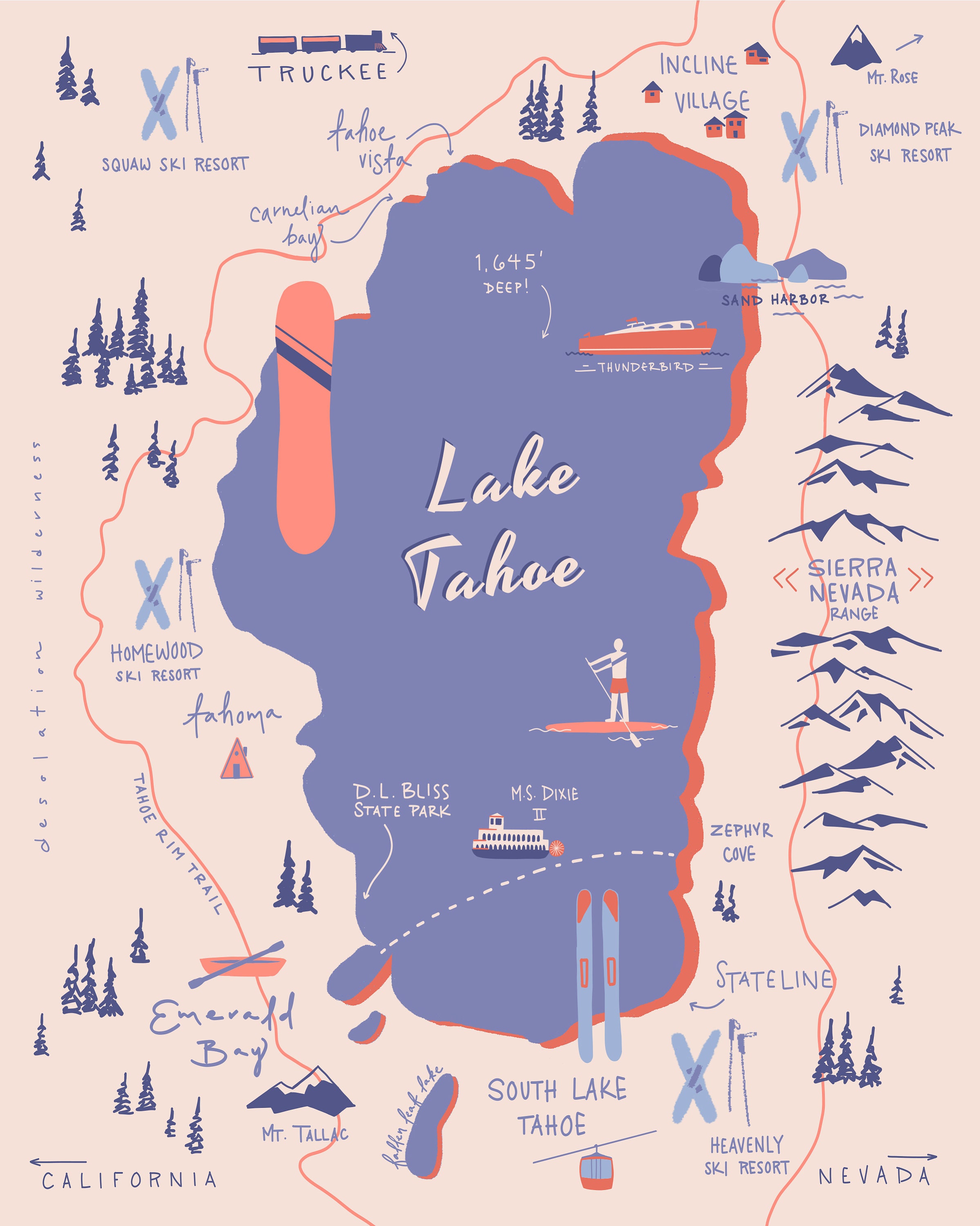 Lake Tahoe Map Print // Lake Tahoe Art // Sierra Nevada Art | Etsy