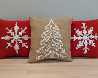 Christmas tree pillow Holiday pillow, Burlap Christmas pillow, Vintage Button pillow, Holiday Throw pillow Christmas Decor, Snowflake Pillow