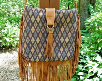 Leather Hippie Bag, Fringe Hippie Purse, Boho Crossbody Purse, Leather Crossbody Bag, Aztec Cross Body Hobo bag, Artisan Cross Shoulder Bag