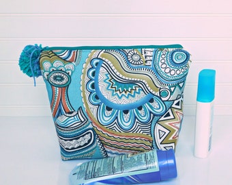 Extra Large Makeup Bag, Aztec Cosmetic Bag, Artisan Clutch, Large Toiletry Bag, Womens Make Up Bag, Turquoise Blue Purse, Boho Hippie Bag