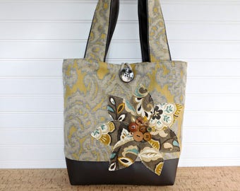 Vegan Handbag for Women, Floral Handbag, Top Handle Tote Bag, Grey Handbag Over the Shoulder Bag, Yellow Tote Bag, Work Tote Purse for Women
