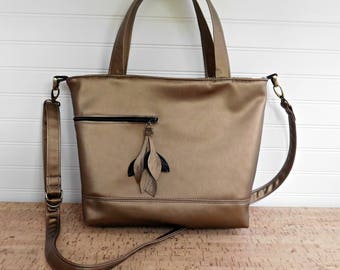 Crossbody Bag for Women, Tan Cross Body Bag, Vegan Handbag, Metallic Bag, Cross body Purse, Top Handle Large Purse, Best Friend Gift