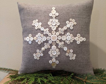 Grey Christmas Pillow, Vintage Button Snowflake Design