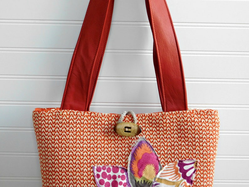 Work Bag for Women, Genuine Leather Tote Bag with Zipper, Burnt Orange Handbag, Ladies Shoulder Bag, Unique Purses, Orange Bag, Floral Purse image 9