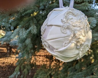 wedding dress christmas ornament Repurposed Wedding Dress Ornament: Heirloom Fabric Bauble