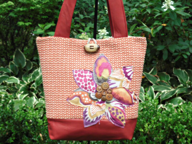 Work Bag for Women, Genuine Leather Tote Bag with Zipper, Burnt Orange Handbag, Ladies Shoulder Bag, Unique Purses, Orange Bag, Floral Purse image 10
